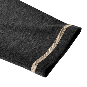 Detail view of deep grey knitted polo sleeve with stylish contrast stitching on cuff