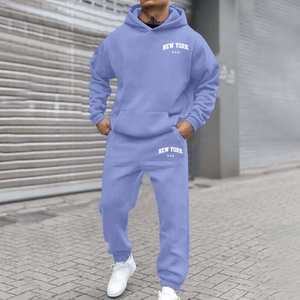 Detailed view of light blue New York print tracksuit with hoodie and matching joggers