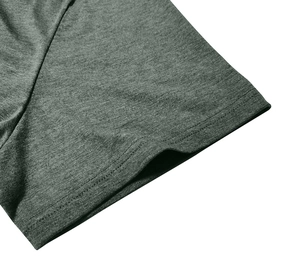 Detail of heather grey knit polo shirt featuring high-quality double-needle flat stitching