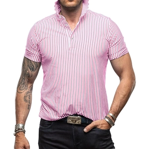 Detail of pink and white vertical stripes and buttoned collar on men's polo shirt