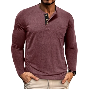 Detail of burgundy men's long sleeve Henley shirt with black contrast placket and chest pocket