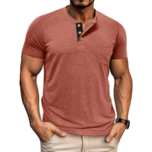 Detail view of the terracotta Henley t-shirt featuring a three-button black contrast placket