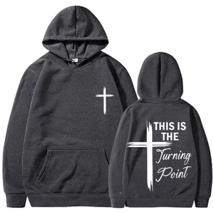 Detailed front and back views of charcoal gray hoodie with white cross printing