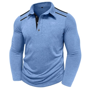 Close-up of light blue polo shirt with classic collar and black shoulder stripe detail