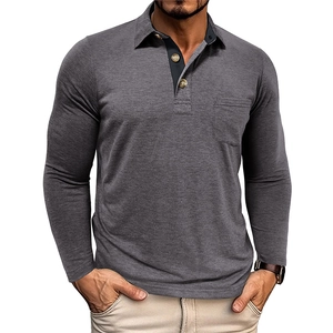 Close-up of lapel collar with wooden buttons and pocket on grey long-sleeve Polo shirt