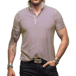 Close-up of the vertical striped knit fabric and collar detail on a men's polo shirt
