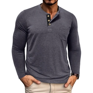 Close-up of men's knit Henley shirt featuring a contrast placket and three-button neckline
