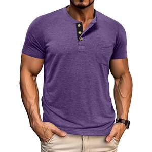 Detail of purple Henley shirt with three-button placket, black trim, and chest pocket