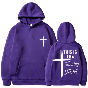 Detail of purple unisex hoodie featuring cross print and Turning Point back graphic