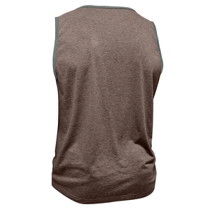 Détail du dos d'un débardeur de sport marron chiné avec des bordures gris foncé