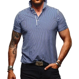 Close-up of blue and white vertical stripes and knit texture on men's short sleeve polo