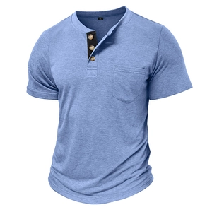 Detail view of heather blue Henley shirt with wood buttons and contrast placket trim