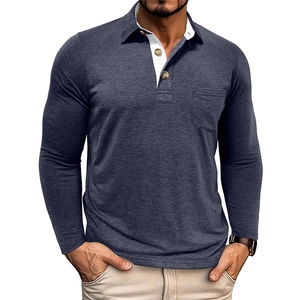 Detail of long-sleeved polo shirt showing contrast white placket and wooden buttons