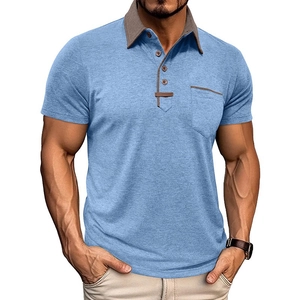 Men's slim fit short sleeve polo shirt in fog blue with brown contrast collar and pocket