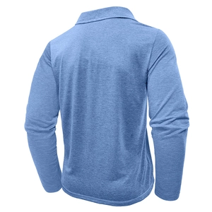 Rear view of long sleeve polo shirt showing blue melange fabric and collar detail