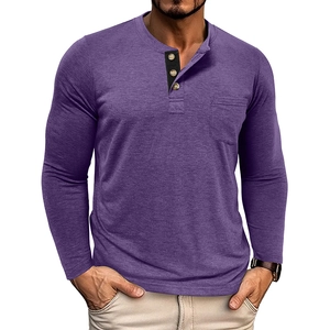 Detail of men's long sleeve Henley shirt featuring a three-button placket and chest pocket
