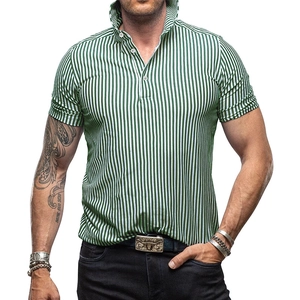 Men's slim fit green and white vertical striped short sleeve polo shirt with lapel collar
