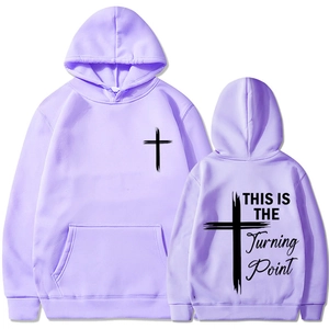 Lavender unisex hoodie with Turning Point cross prints on front and back view