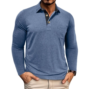 Detail of light blue heather long sleeve polo shirt with chest pocket and buttoned collar