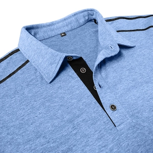 Detail view of light blue polo shirt collar with black button placket and contrast stitching