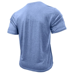 Three-quarter back view of light blue heather textured short sleeve Henley t-shirt