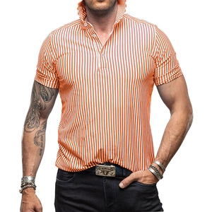 Detail of men's polo shirt with orange and white vertical stripes and buttoned lapel