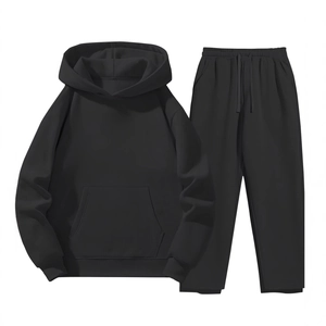 Men's stylish black casual tracksuit set with drawstring hoodie and athletic jogger pants