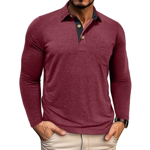 Detail of dark burgundy long-sleeve polo shirt with black inner placket and chest pocket