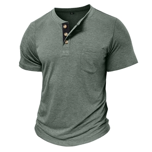Detail view of grey-green men's Henley shirt with three-button placket and chest pocket