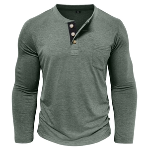 Detail of the grey-green Henley shirt featuring a contrast placket and chest pocket