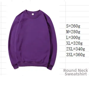 Detailed size chart showing weights from 260g to 360g for purple oversized sweatshirt