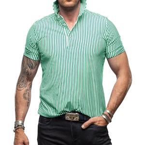 Detail of green and white vertical striped men's polo shirt with textured fabric