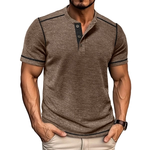 Close-up of brown waffle knit Henley shirt with contrast black stitching on the collar