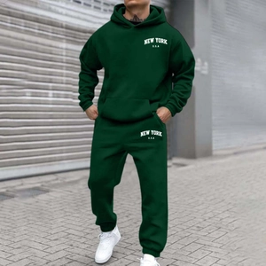 Close-up of dark green hooded tracksuit with New York print on heavy fleece cotton