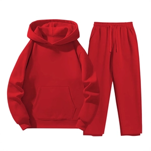 Men's casual red tracksuit featuring a drawstring hoodie and matching elastic waist joggers