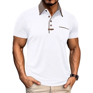 Close-up of men's white polo shirt featuring contrast brown trim on collar and chest pocket