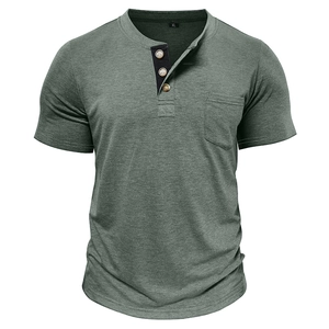 Detail of olive green henley shirt featuring three buttons and a front chest pocket