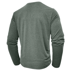 Rear view of men's slim fit long sleeve shirt in heather grey knitted fabric