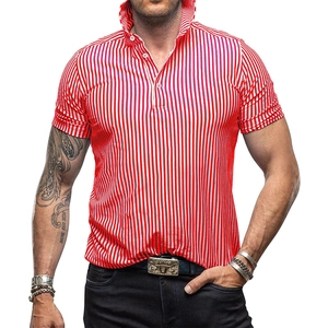 Detail of red and white striped polo shirt showing the buttoned collar and slim fit cut