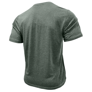Detail view of heather forest green men's Henley shirt with premium knitted texture back