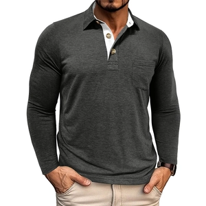 Detail of dark grey long-sleeve polo shirt featuring white contrast collar and chest pocket