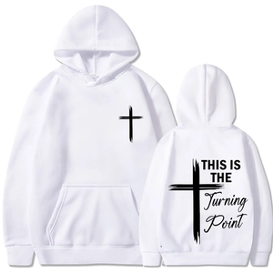 White unisex hoodie with black cross graphic and This is the Turning Point print on back