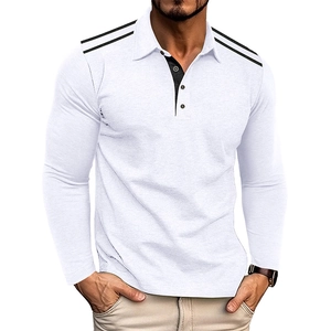 Detail view of white polo shirt featuring black shoulder stripes and contrast inner collar