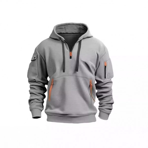 Light gray techwear hoodie with orange zipper accents and multiple functional pockets