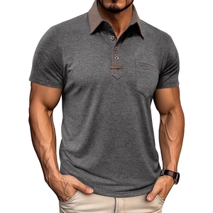 Detailed view of grey short-sleeve Polo shirt with brown collar contrast and chest pocket
