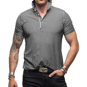 Close-up of men's slim fit polo shirt featuring black and white vertical stripes