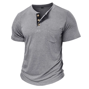 Men's grey short sleeve Henley shirt with three buttons and front chest pocket