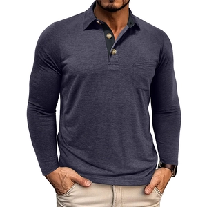 Detailed view of long sleeve polo shirt showing navy knit fabric and chest pocket