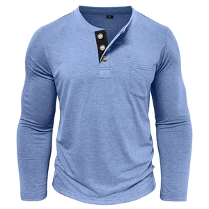Detail of light blue Henley shirt with black contrast placket and three wood buttons
