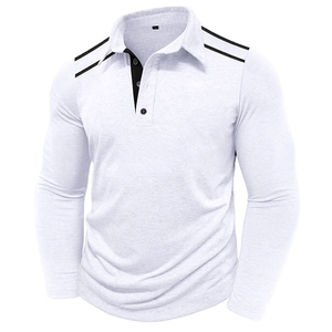 Detail of white long sleeve Polo shirt with black shoulder stripes and neck stitching